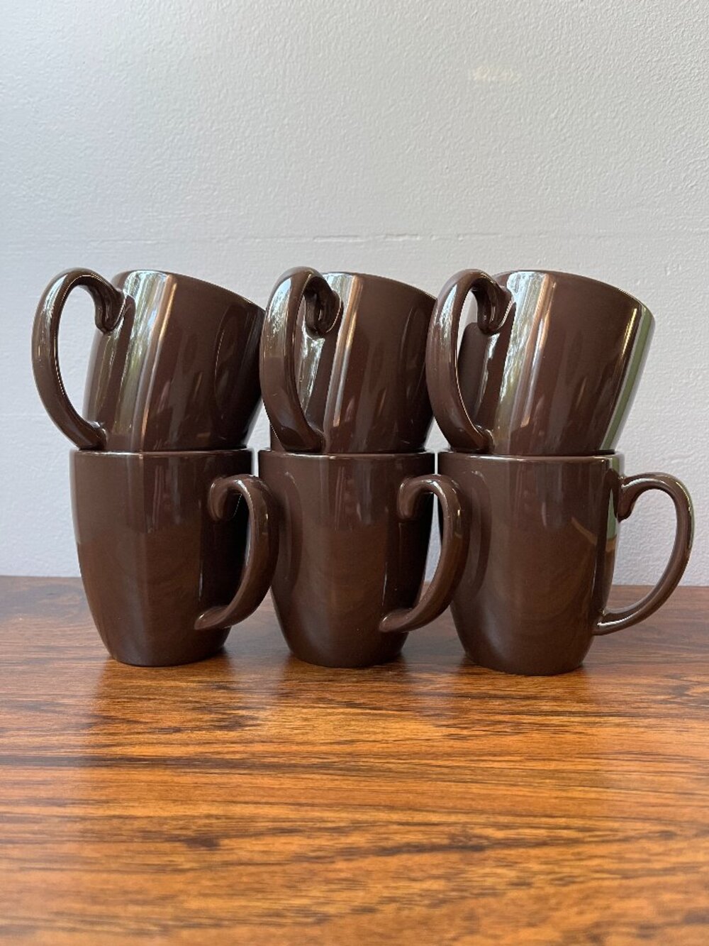 Set of 6 Corelle Chocolate Brown Stoneware Coffee Mugs Cups Vintage